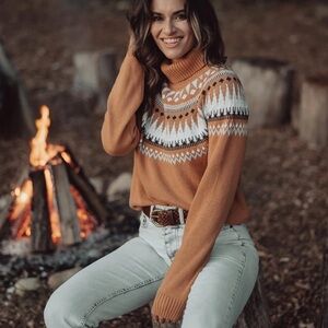 The Normal Brand Oslo Fair Isle Cozy Turtleneck Tan Sweater‎ Size XS